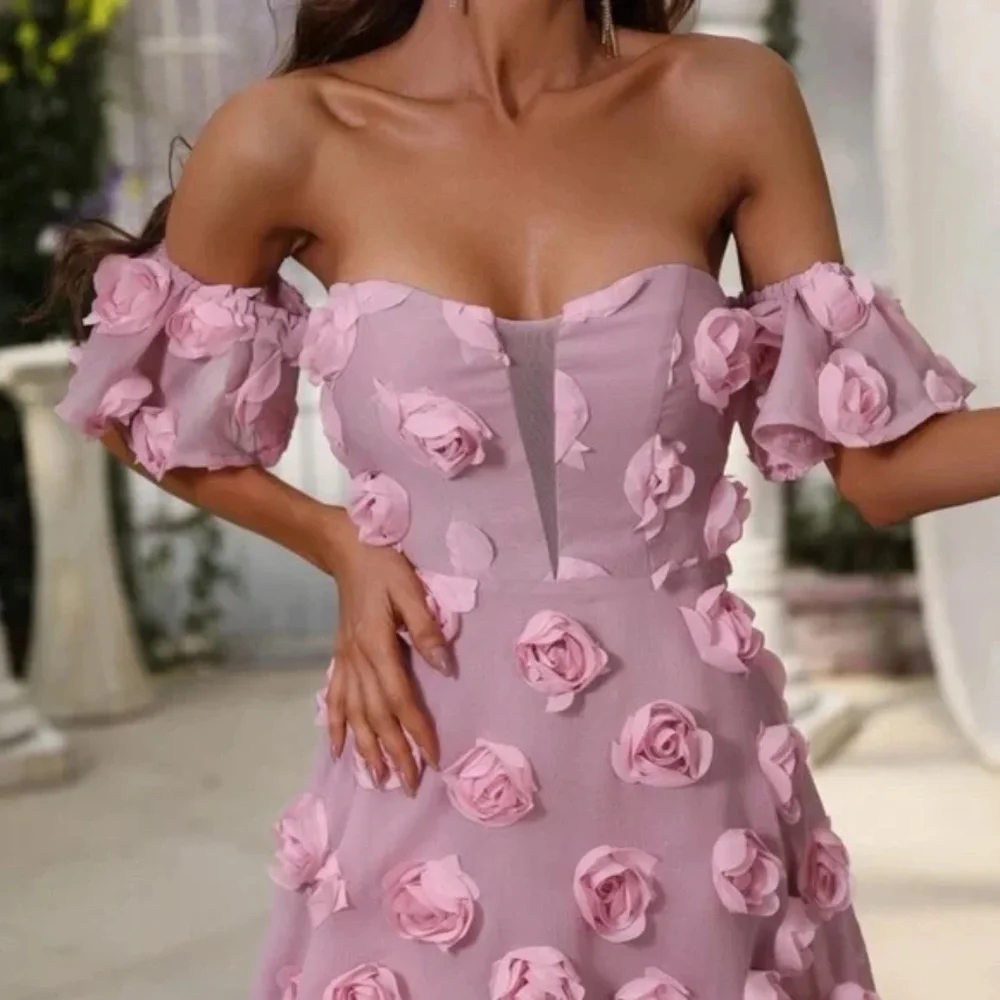 Luxe Pink off shoulder Applique party formal evening wedding dress - Picture 5 of 6